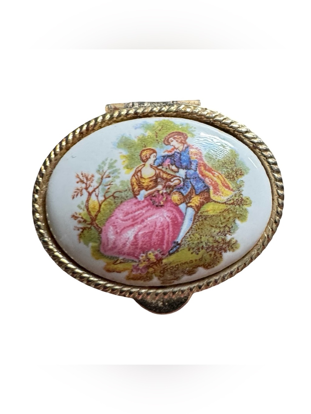 Vintage Fragonard Porcelain Trinket Box Gold Tone Footed Pill Box